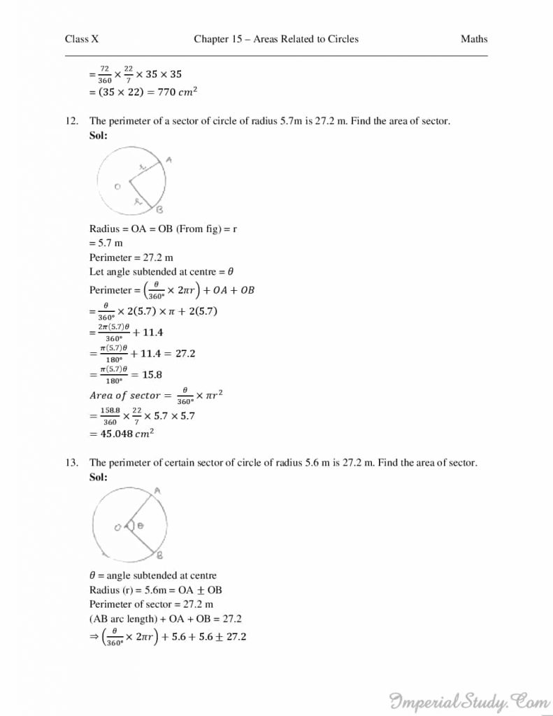 Areas Related to Circles Solutions for RD Sharma Class 10 Chapter 15