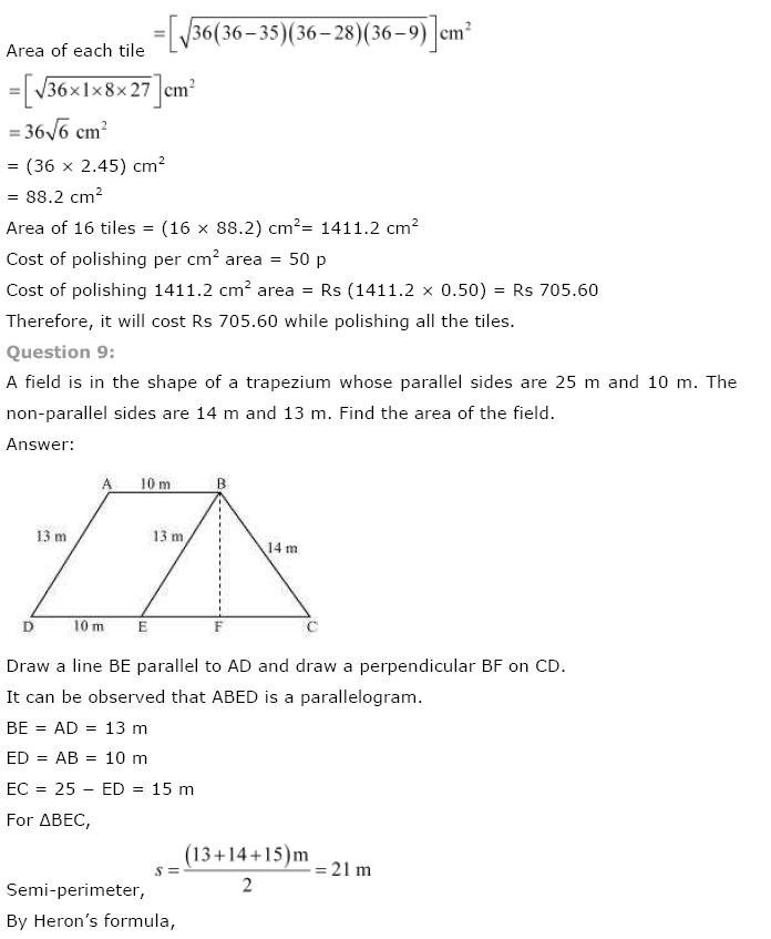 Heron’s Formula NCERT Solutions for Class 9th Maths: Chapter 12